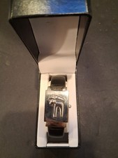 Silver rectangular moose-emblem watch with black leather strap (in gift box) #M5
