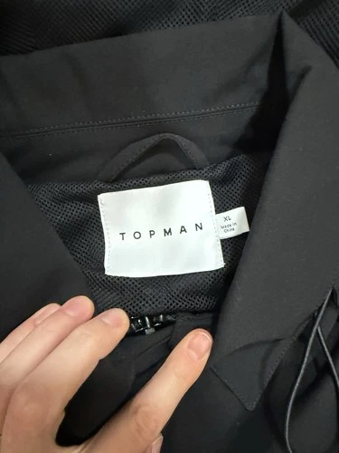 Topman Men's Black Long Parka Coat XL Hooded Button Zip Polyester Lined image 2