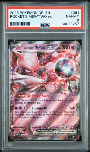 2025 POKEMON DRI EN-DESTINED RIVALS #081 TEAM ROCKET'S MEWTWO EX PSA 8
