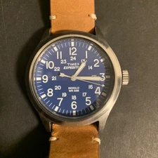 Timex Expedition Scout 4B01800 brown leather blue dial tested works tells time