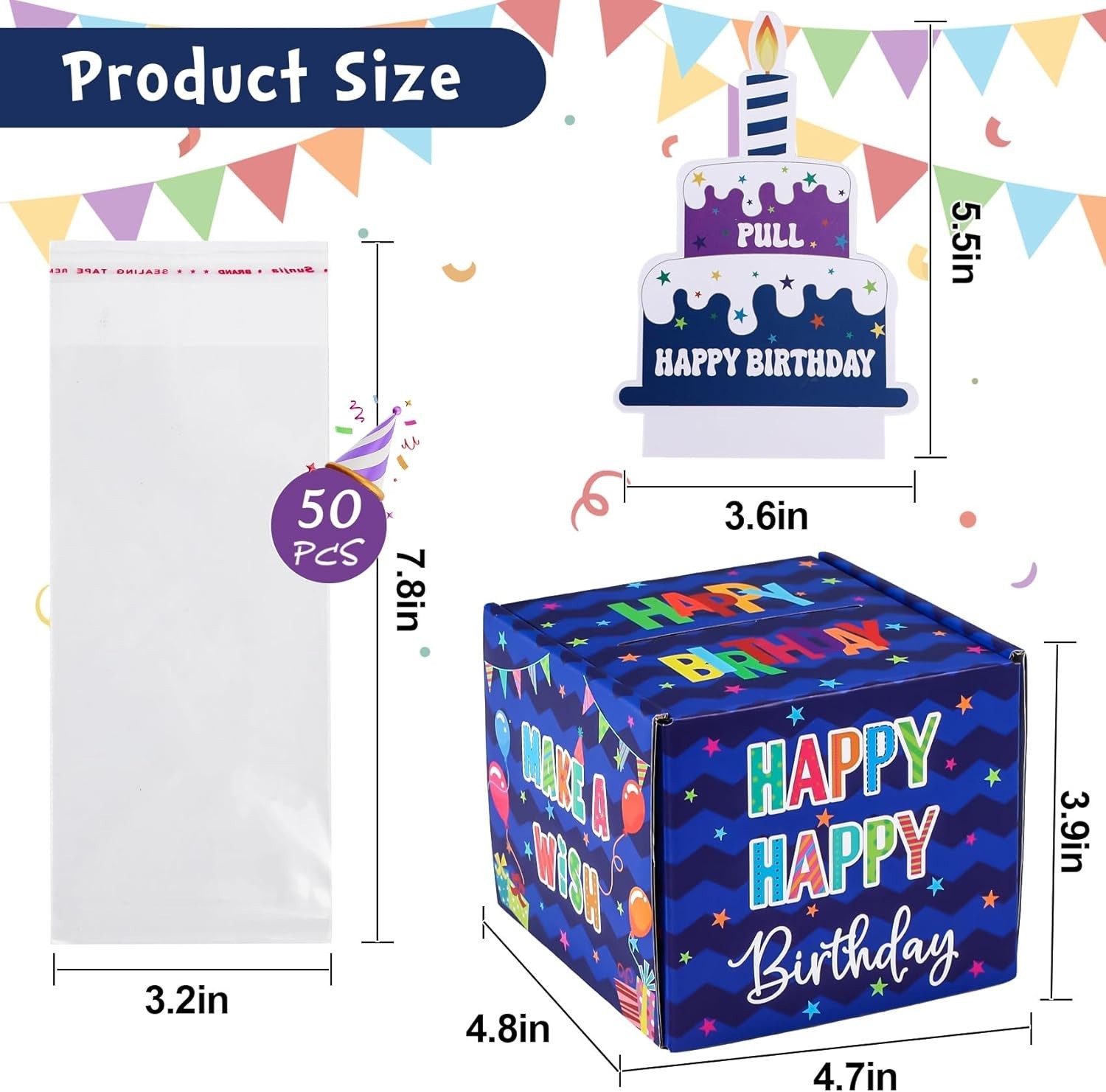 Surprise Cash Gift Box with Happy Birthday Card & 50 Gift Bags Included