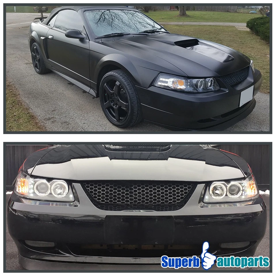 Fits 1999-2004 Ford Mustang Black Halo Projector Headlights LED Bar 99-04 Pair - Image 3 of 4