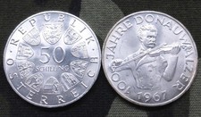 2 1967 Austria 90% Silver 50-Schilling Coins, Blue Danube Waltz, 1.1574oz ASW