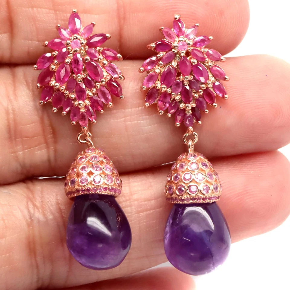 Plata 925 10 x 13 mm. Pendientes de amatista púrpura, rubí rojo y zafiro rosa Foto 2 de 4