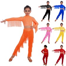 Girls Outfit Salsa Dancewear Performance Set Crop Top Ballroom Long Sleeves