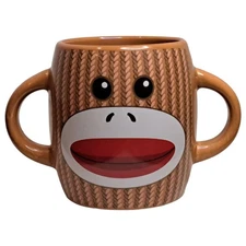 Galerie Double Handle Cute Brown Sock Monkey Ceramic Coffee Tea Cocoa Mug Cup