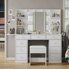 Vanity Desk with Power Outlet, Makeup Vanity 9 Drawers, Dressing Table with LED