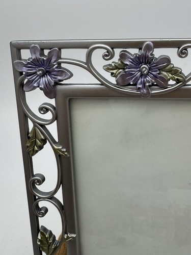 Picture Frame Sliver Metal Flowers Vine Purple And Green Pewter? Stand 3.5 X5 - Picture 2 of 5