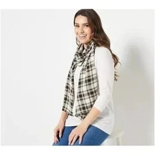 Susan Graver Liquid Knit Scoop Neck Top and Scarf Set Womens MED Ivory Plaid NEW