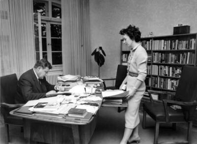 Federal Minister Defence Franz Josef Strauss at his desk his s- 1958 Old Photo