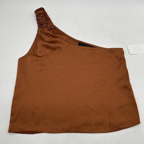 KNOW ONE CARES Women's Asymmetric Neck One-Shoulder Satin Top, Rust, size Large