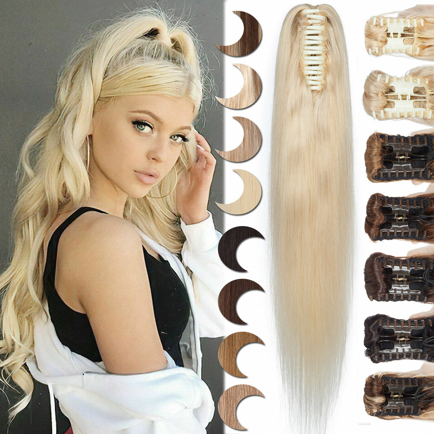100% Human Hair Ponytail Claw Clip On Pony Tail Extensions Straight/Body Wave Us