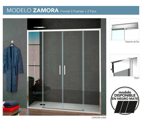 Mampara de ducha Zamora con 2 puertas correderas y 2 tramos fijos - Vidrio 6 mm