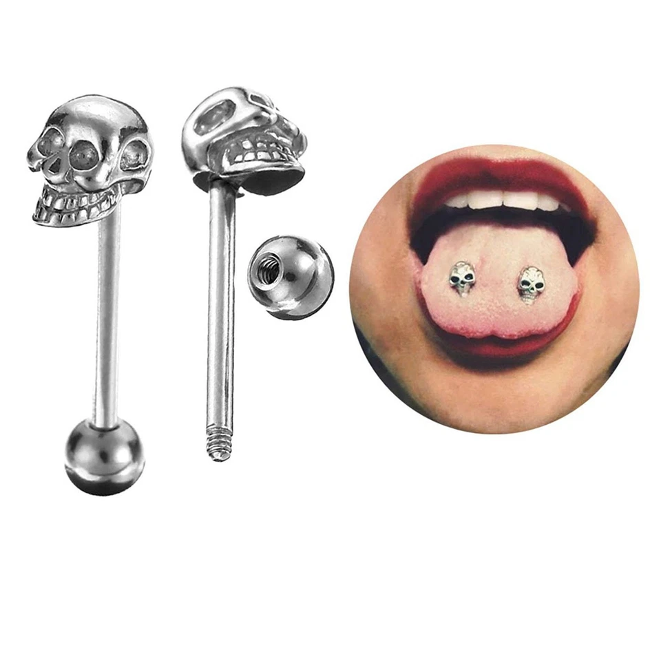 1件酷骷髅舌杆杠铃耳钉穿孔环不锈钢身体首饰 — 第 2/4 张图片