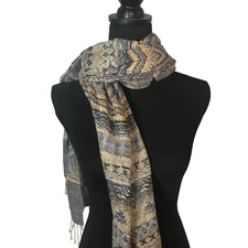 Matices Womens Pashmina Scarf Wrap Beige Multicolor Knit Tassel Geometric 68x28