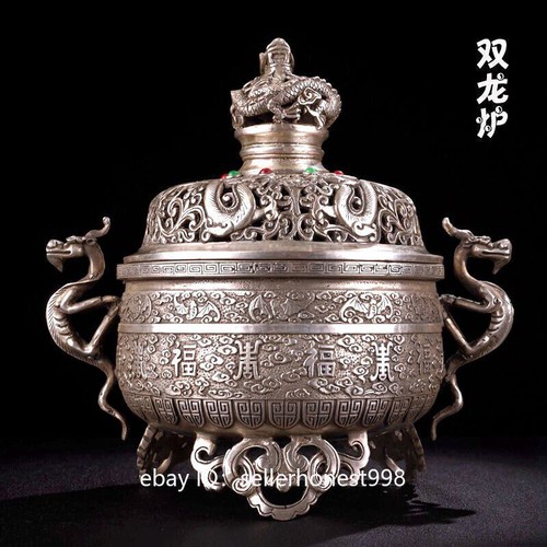 White copper Tibet-silver bat blessing Buddhism Incense Burner Censer N890 - Picture 11 of 11