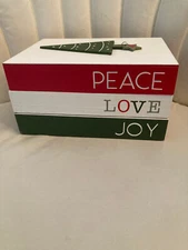 christmas wood boxwith brass hinges and christmas tree& peace love and joy