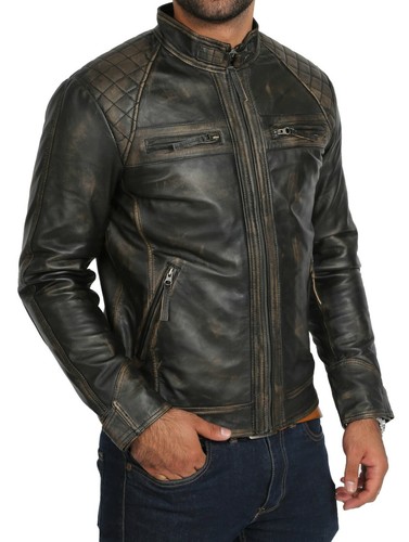 Mens Biker Style Real Leather Jacket Vintage Washed Rub Off Effect Lambskin Coat - Picture 4 of 9