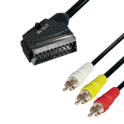 2m Scart IN/OUT Umschalter - 3 Cinch Stecker 2 Audio 1 Video Adapter Kabel TV AV