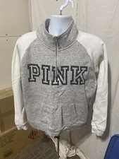 Women s 1/4 Zip Pullover Victoria s Secret PINK LogoGray and White Sweatshirt -S