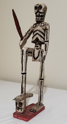 Vtg Wood Carved Skeleton Head Hunter w/ Sword & Skull Statue Figure Folk Art 17''