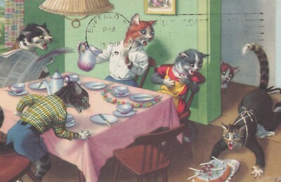 Funny Cat At Birthday Party Greetings Posted Vintage Divided Back Post Card