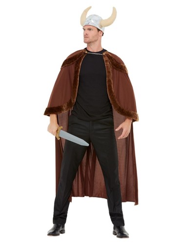 Adult Viking Fancy Dress Cape & Hat Mens Viking Outfit Brown by Smiffys - Picture 6 of 6