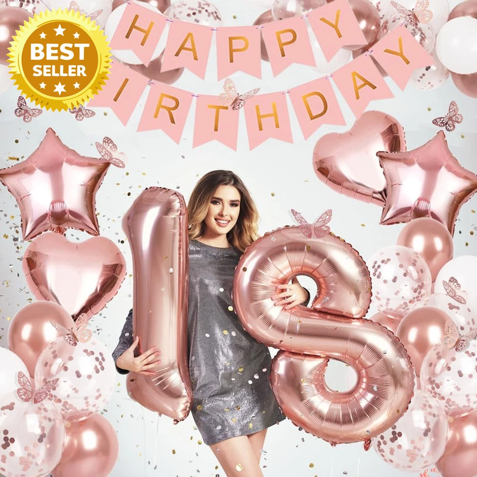 18th Birthday Decorations Girls - Rose Gold Balloons, Banner, Butterflies - Image 3 of 4