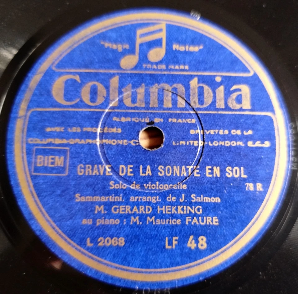 10" 78 RPM GERARD HEKKING (Cello) Maurice FAURE (Piano) French COLUMBIA LF 48 - Photo 3/4