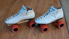 Riedell 595 White Indoor Quad Roller Skates with Pink Carrera Wheels
