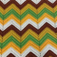 VTG Handmade Crochet Afghan Blanket Chevron Ripple Brown Orange Green Throw Twin