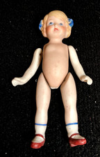 ANTIQUE PUDGY TUMMY BLUE BOW JOINTED MINIATURE BISQUE DOLL 6" JAPAN