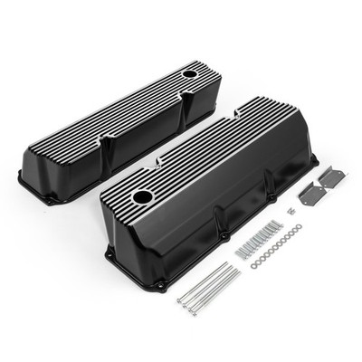 Ford 351C Cleveland Black Finned Aluminum Valve Covers Tall w/ Hole