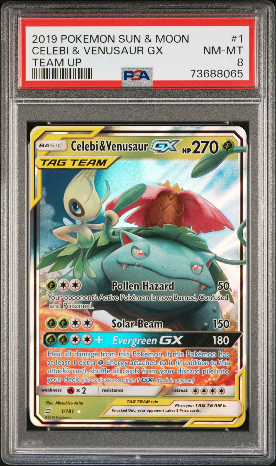 Celebi & Venusaur Gx Pokemon Sun & Moon Team Up 1 NM PSA 8
