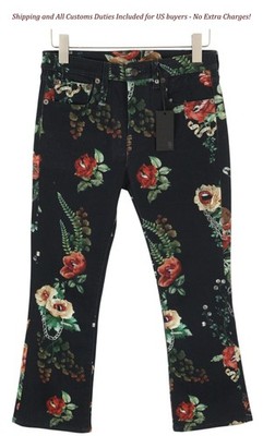 R13 Kick Fit Women Jeans 27 Useless Treasueres Floral Black Cropped Ankle -