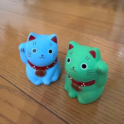 Lucky Cat Pair Set - Blue & Green Maneki-neko Figurines, Right Hand Up
