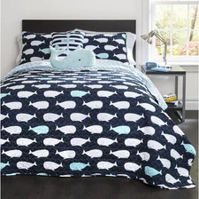 Whale Kids Reversible 5 Piece Quilt Bedding Set with Sham and Decorative Throw P