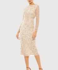 Mac Duggal Beaded Tea Length Dress with Sheer Sleeves Size 10 NWT