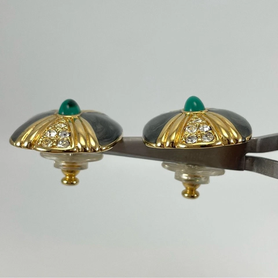 Pendientes vintage Kenneth Jay Lane para Avon vidrio verde cabujón esmalte gris Foto 4 de 4