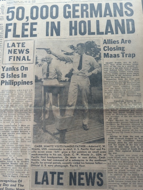 OCT 26, 1944 NEWSPAPER PAGE #2061- CMNDR C.W. NIMITZ JR & ADMIRAL NIMITZ