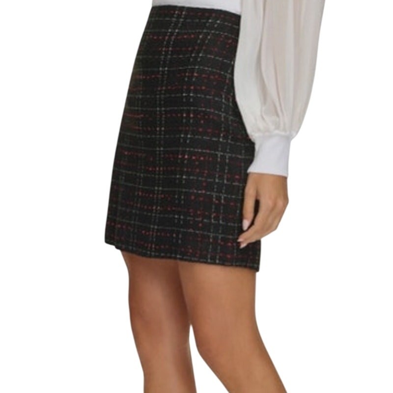 Calvin Klein Women's Tweed Plaid Print Pencil Skirt in Black & Red thumbnail 2