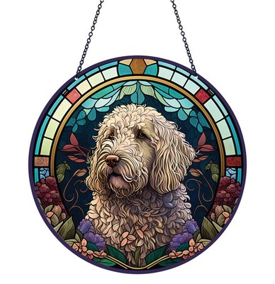 d'ears Golden Doodle Acrylic Suncatcher Chain Dog Art 6 Inch Diameter Made USA
