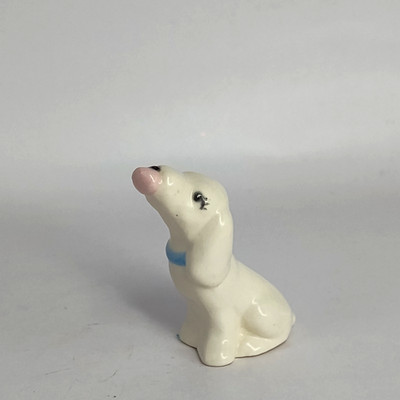 Small White Porcelain Dog Licking His Lips 2'' Tall Vintage