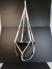 Macrame Plant Hanger White with Colored Wood Beads, Elegant Hanging 33"