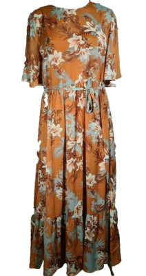 BNWT Ladies Sz 18 Anko Short Sleeve Tie Waist Long Ruffle Dress Tropical Tan