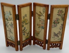 Vtg Folding Asian Screen Miniature Wood Panels Hand Painted Signed Birds Scenery