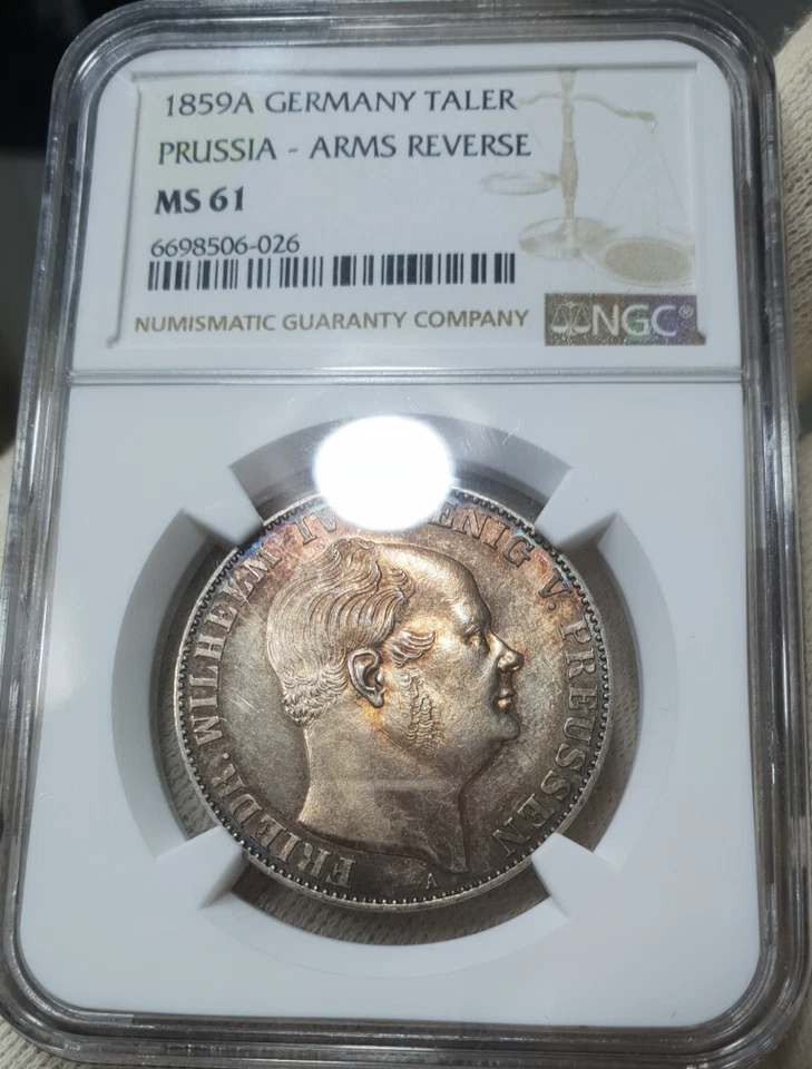 NGC Prussia 1 Thaler MS 61 1859 Silver Coin Unc Portrait Germany Large Head - Image 3 of 4