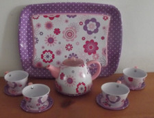 "JUST LIKE HOME" Flower Garden Pretend Play Tin Teapot Set KITCHEN DISHES
