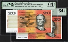 Australia 2 x 20 Dollars 46i R415 1994 Fraser Evans PMG64 UNC EPQ SET PREFIX AAA