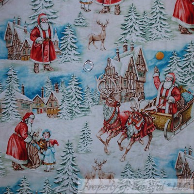BonEful Fabric FQ Cotton Quilt VTG White Snowflake Xmas Town Scenic Santa Claus